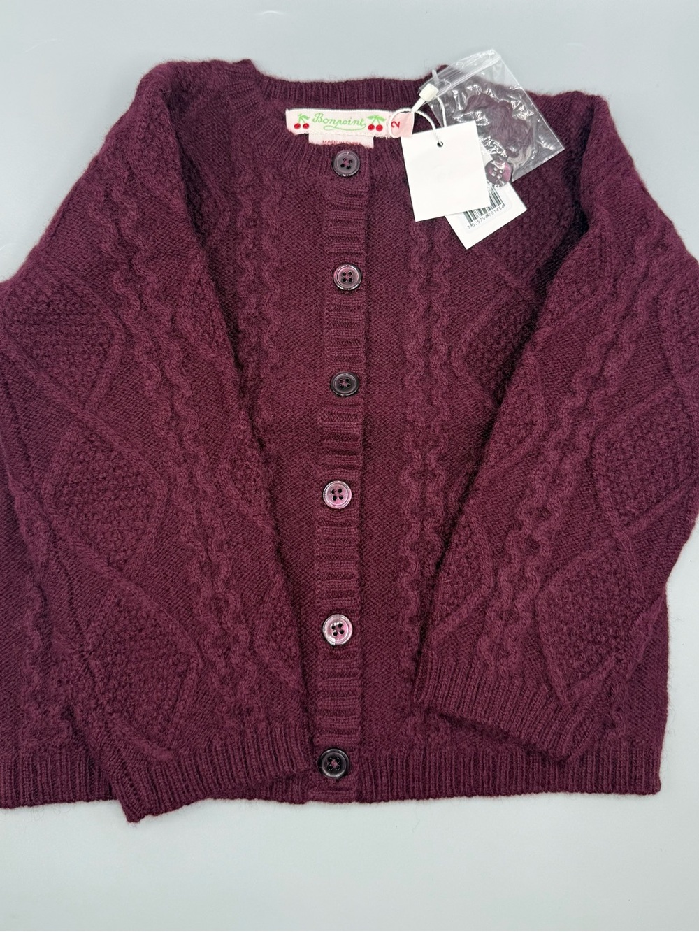 Bonpoint Girls Cable Knit Cardigan - Plum